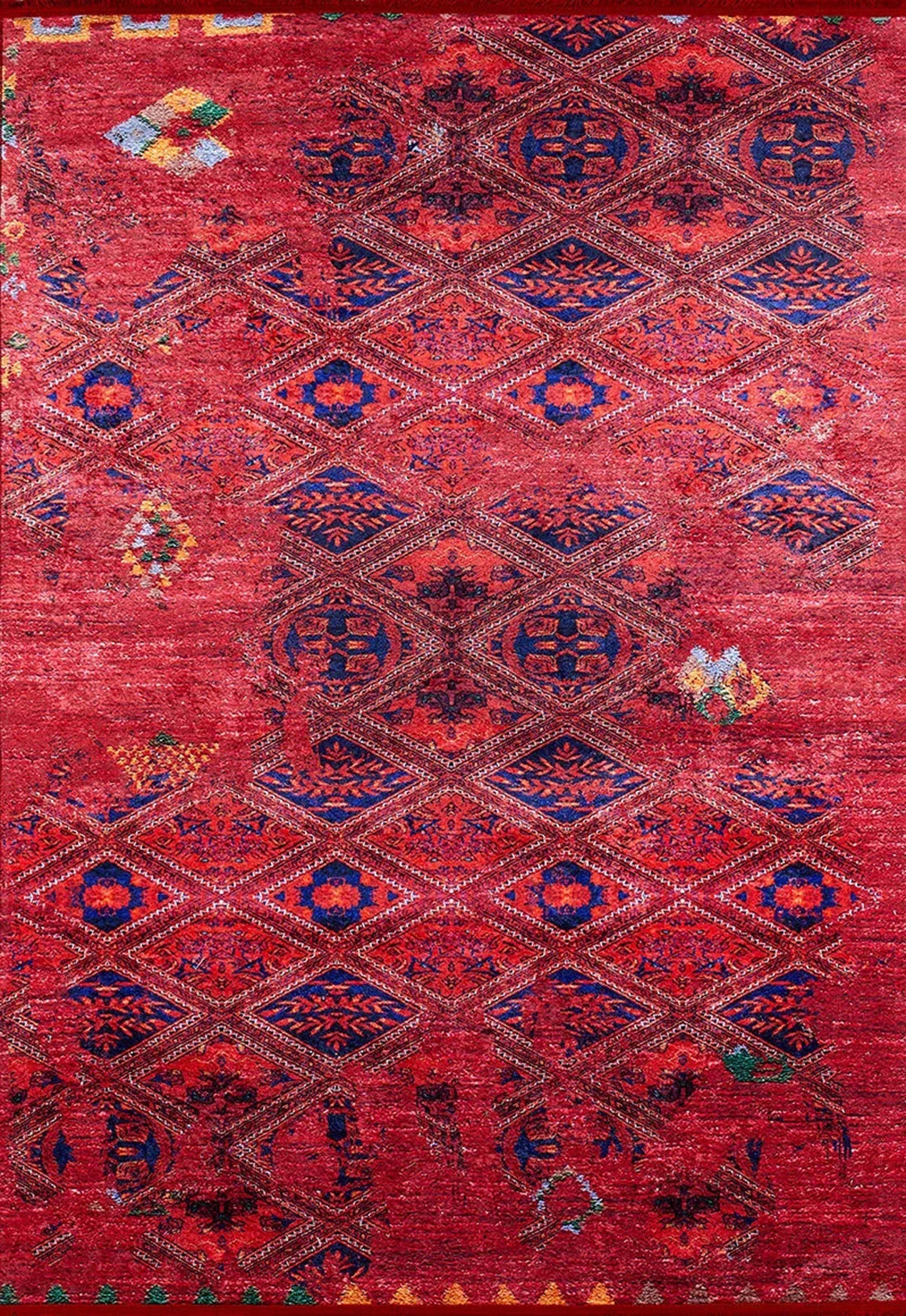 Vintage Kırmızı Mavi Geometrik Desenli Kilim Halı - Pera Halı