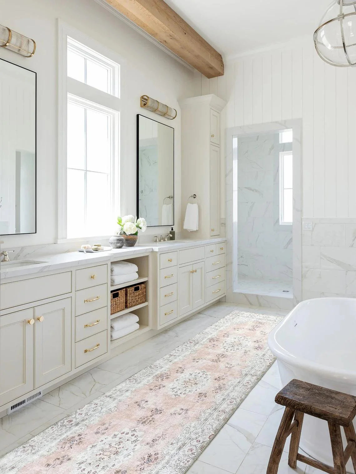 Bej ve Gül Kurusu Eskitme Desenli Vintage Halı