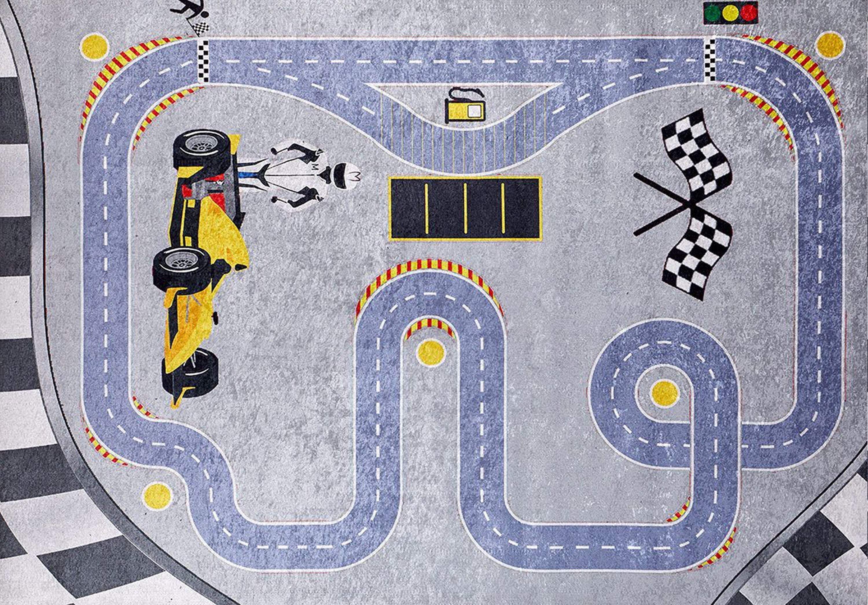 Formula 1 Desenli Gri Çocuk Odası Halısı - Pera Halı