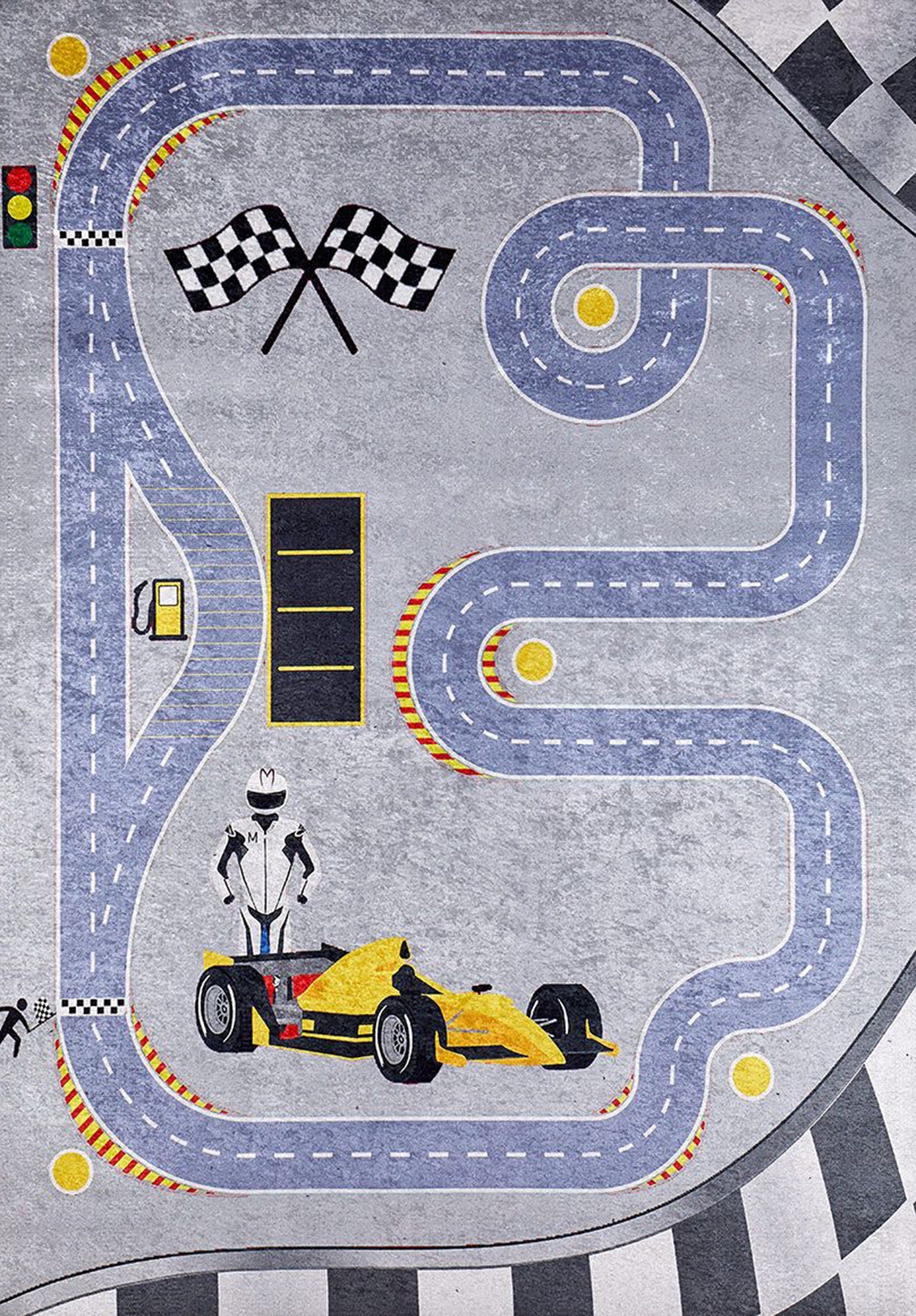 Formula 1 Desenli Gri Çocuk Odası Halısı - Pera Halı