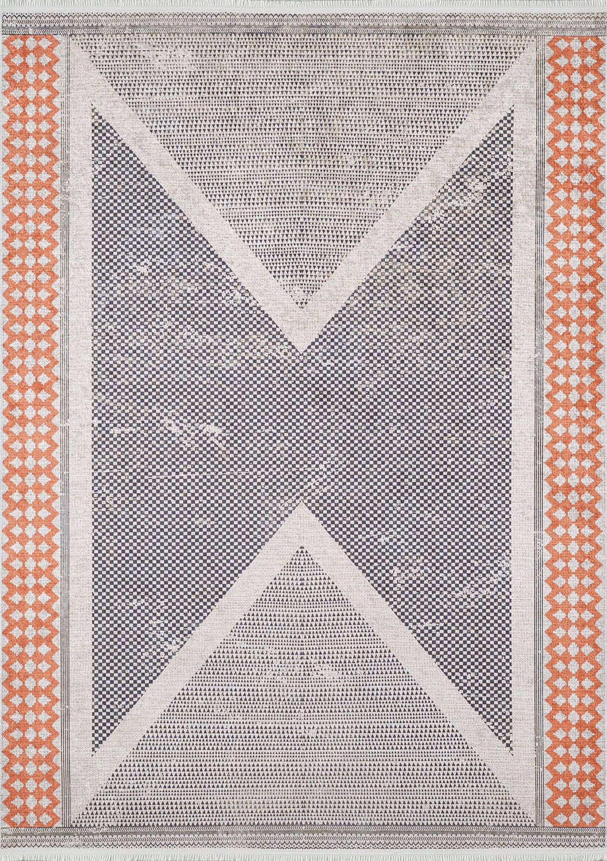 Antik Gri Turuncu Geometrik Desenli Halı - Pera Halı