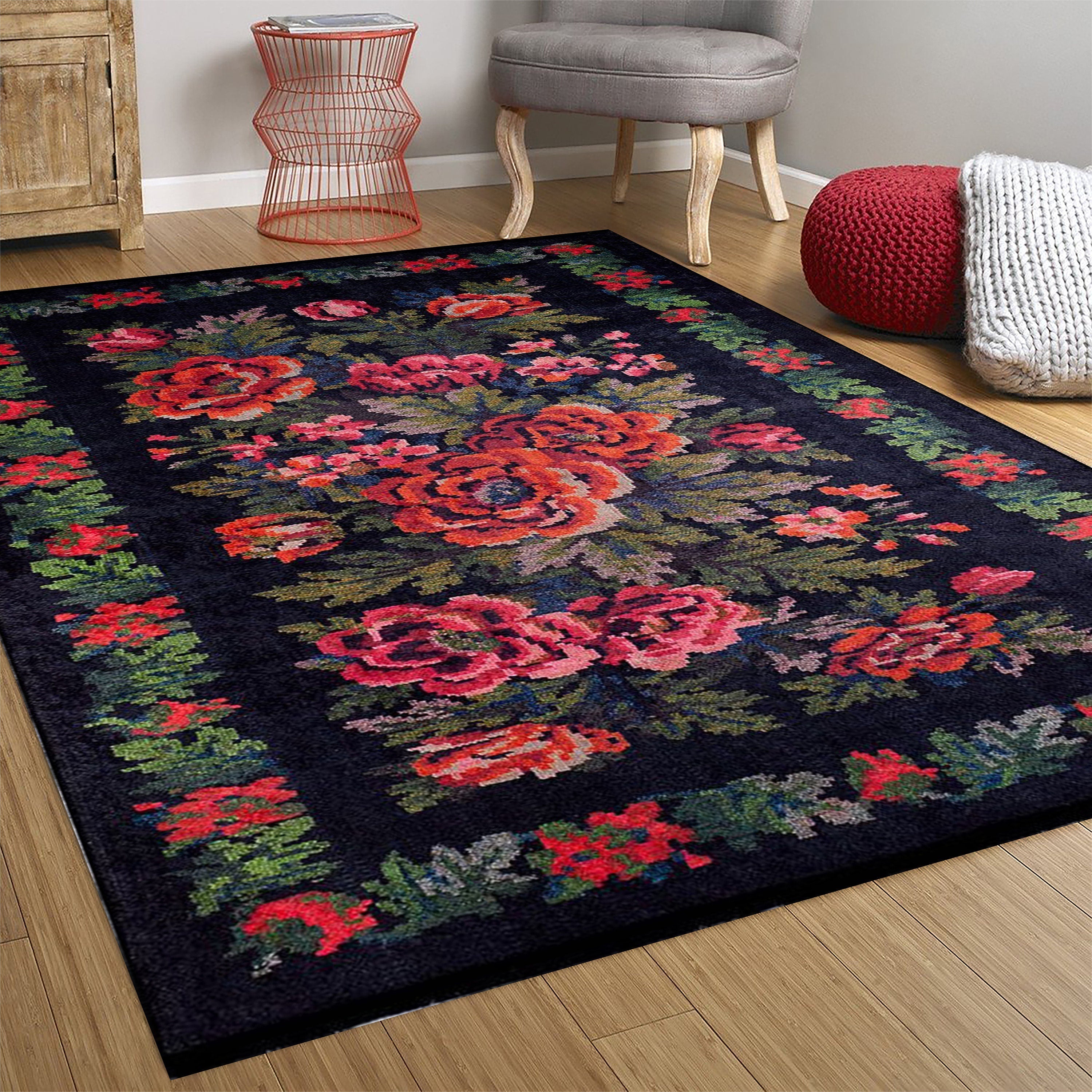 Gül Desenli Siyah Karabağ Kilim Halı - Pera Halı