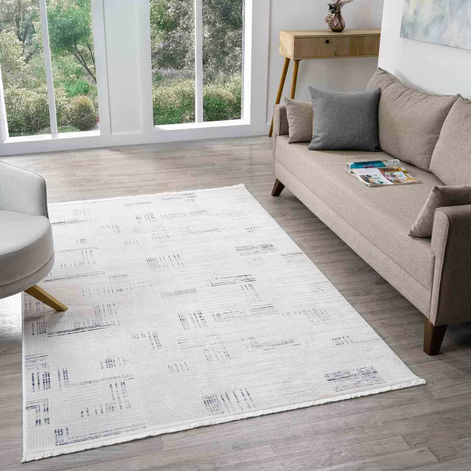 Beyaz Mavi Detaylı Geometrik Modern Halı