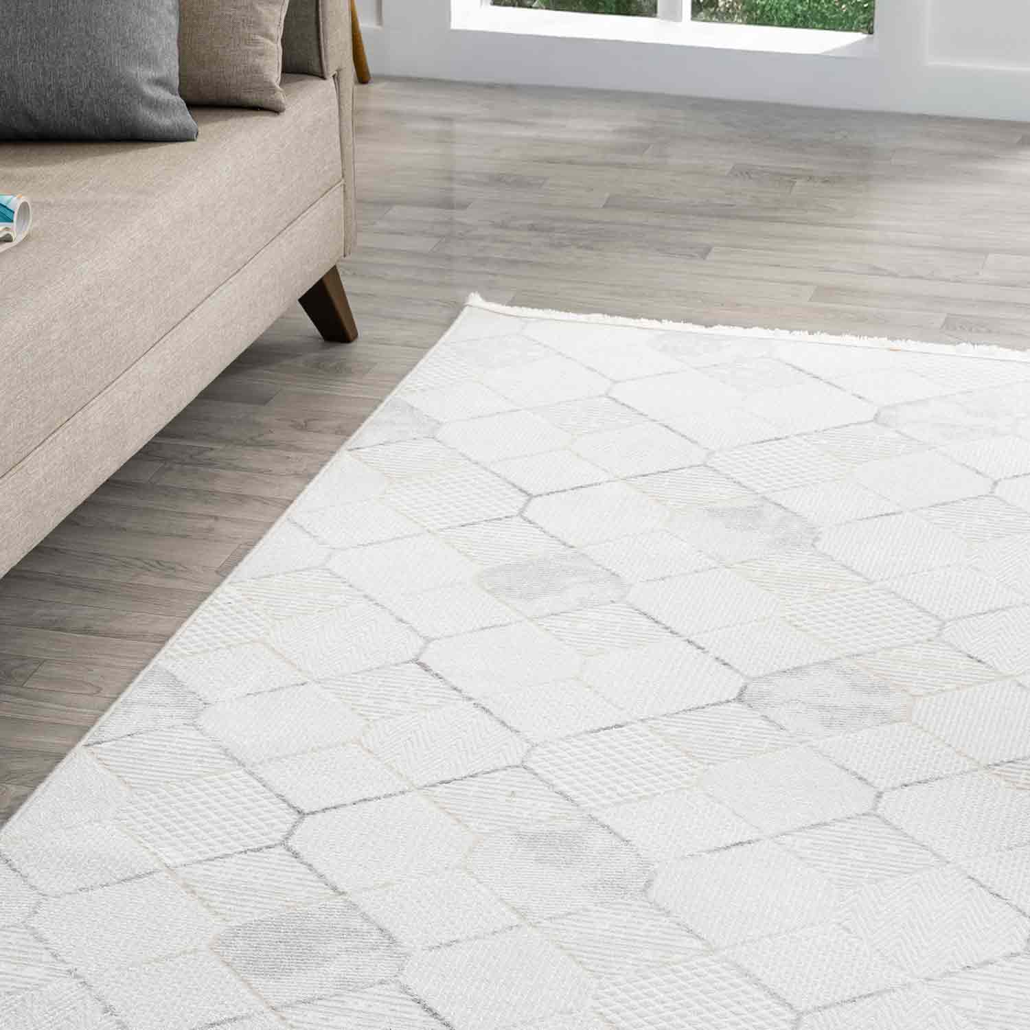 Beyaz Gri Altıgen Geometrik Modern Halı