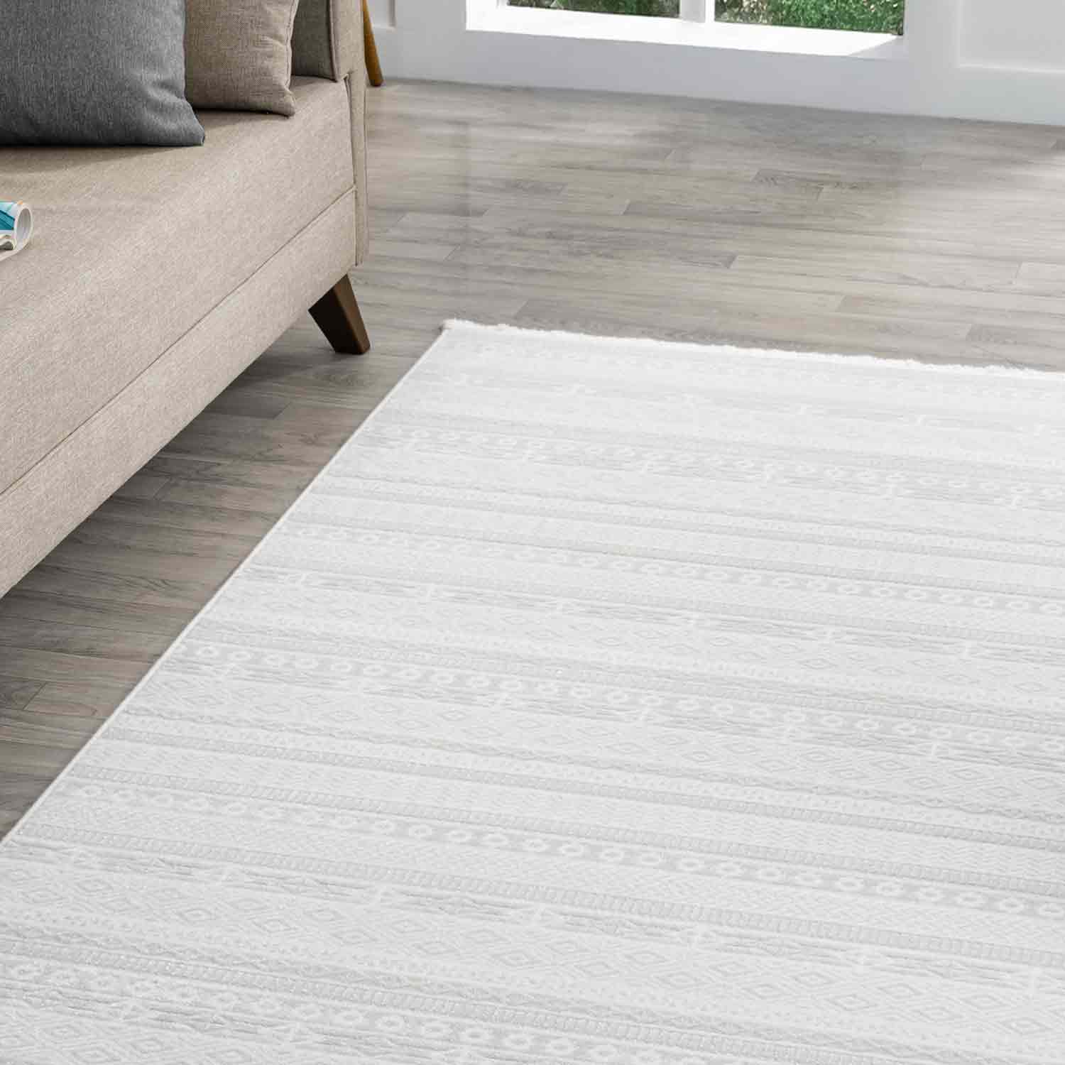 Krem Bej Etnik Şerit Desenli Halı