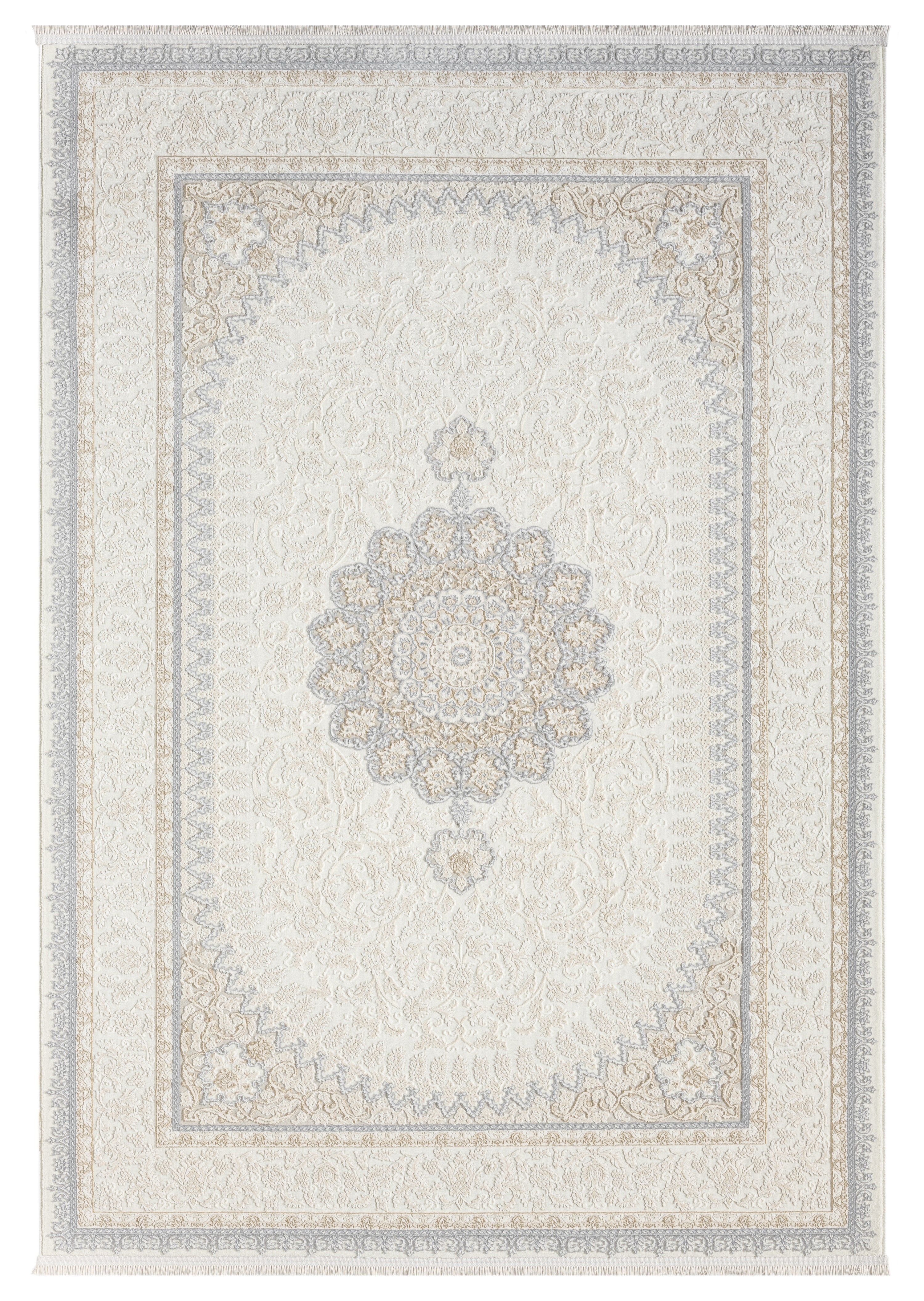 Beyaz Gri Mavi Klasik Medallion Desenli Halı