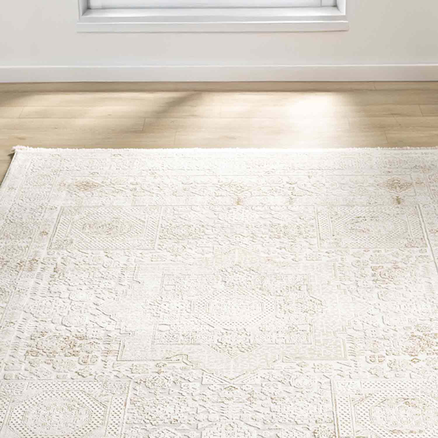 Krem Bej Ton Sür Ton Minimal Eskitme Desenli Halı