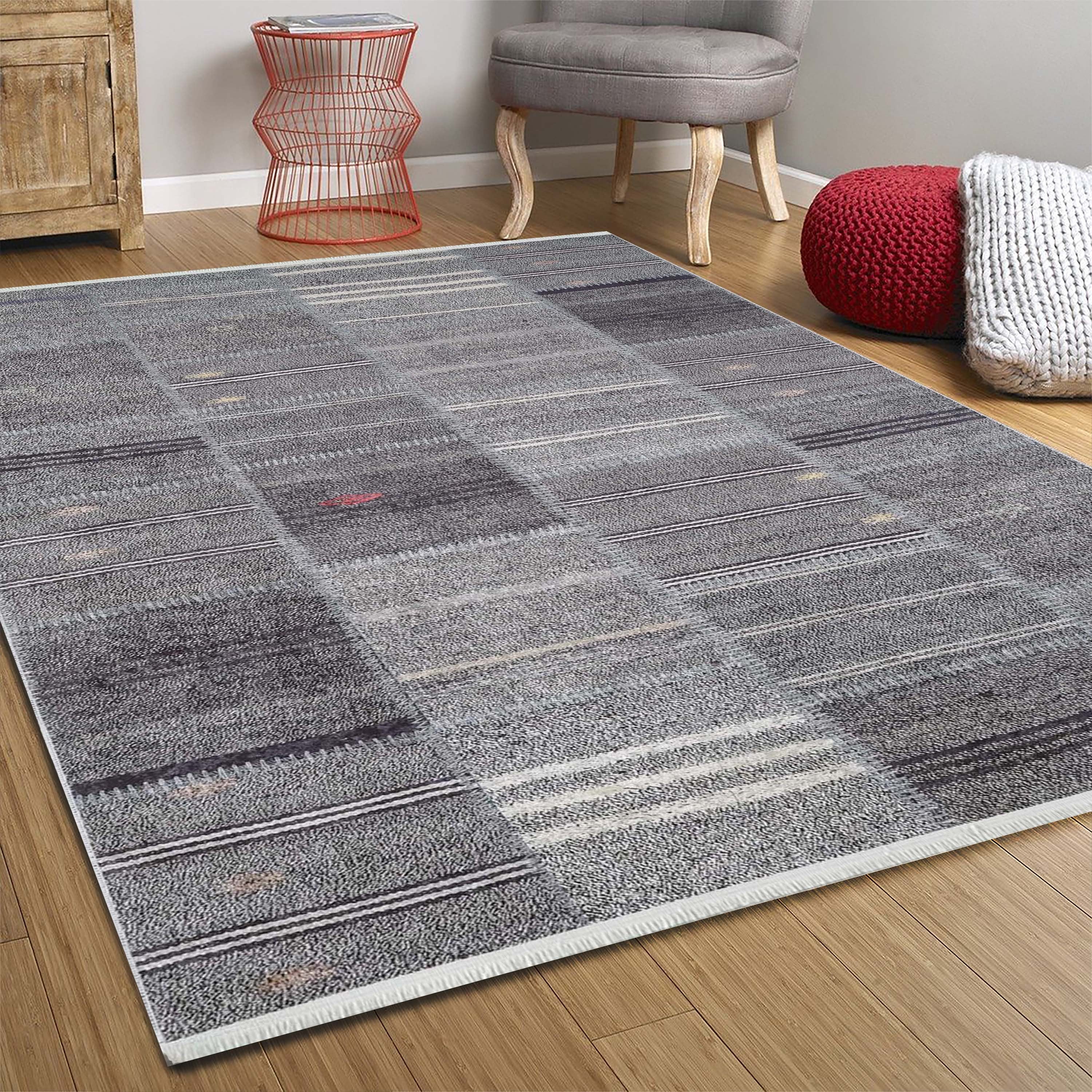 Açık Gri Siyah Çizgili Kilim Halı
