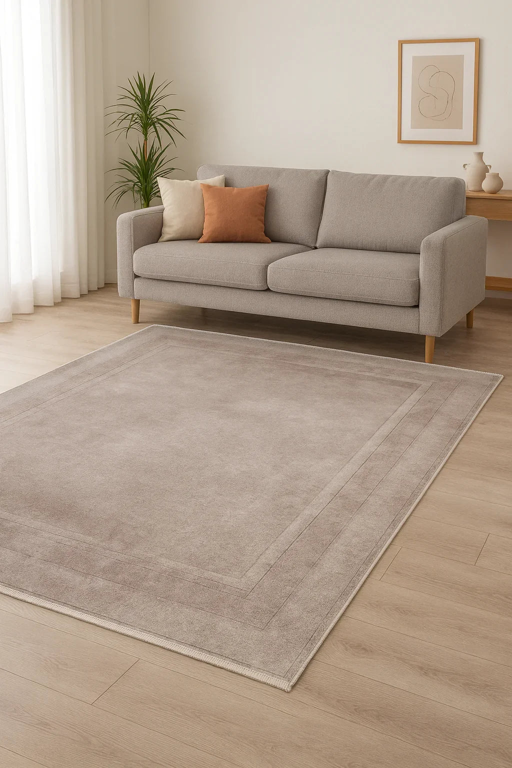 Sade Modern Bordürlü Açık Gri-Bej Yıkanabilir Halı-Pera Halı