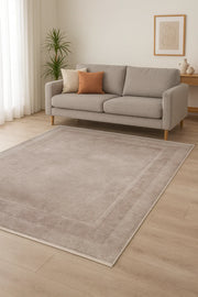 Sade Modern Bordürlü Açık Gri-Bej Yıkanabilir Halı-Pera Halı