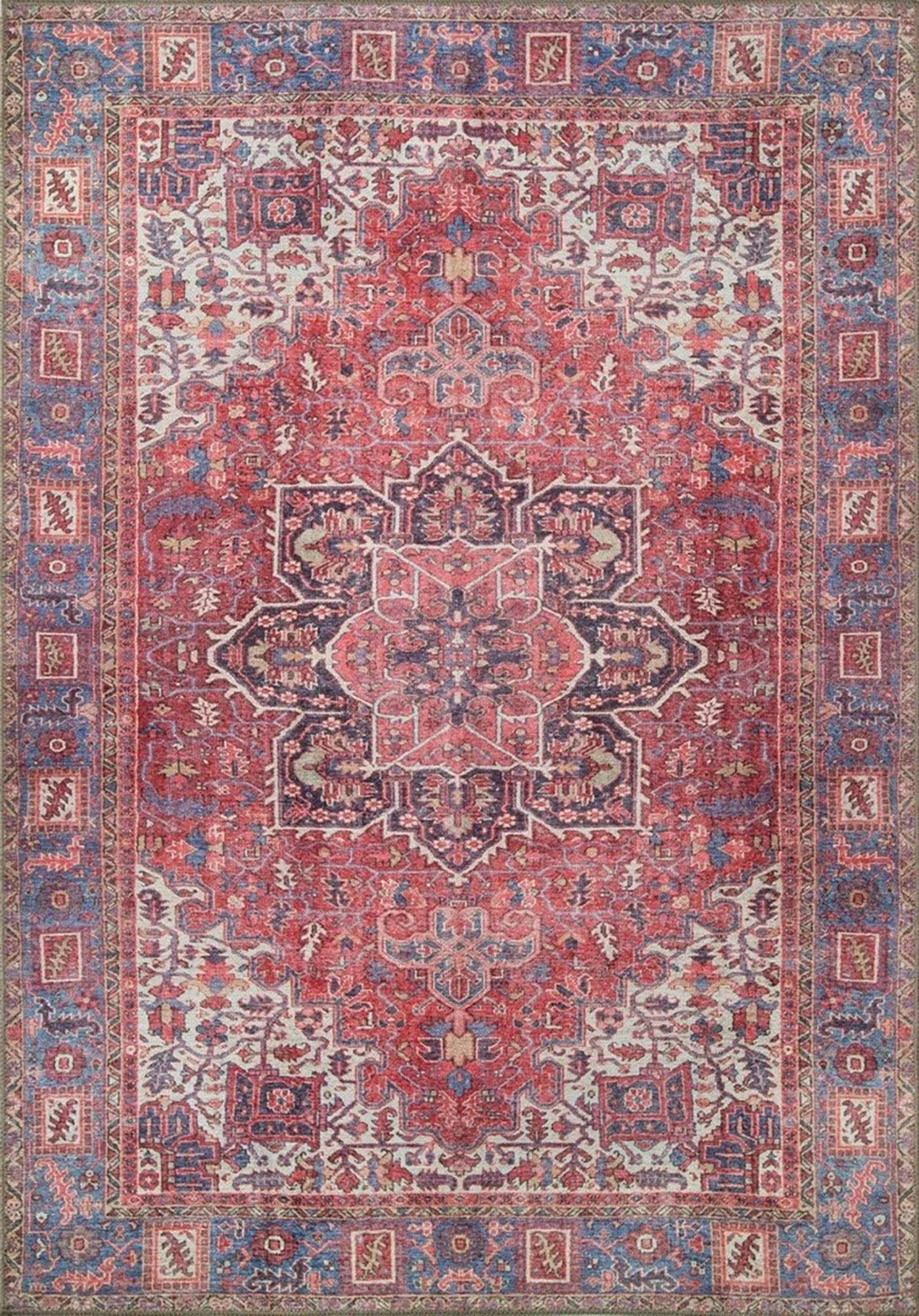 Solgun Kırmızı ve Mavi Medalyonlu Vintage Pers Halısı