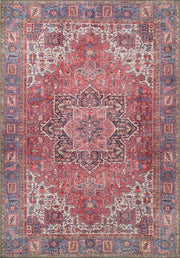 Solgun Kırmızı ve Mavi Medalyonlu Vintage Pers Halısı