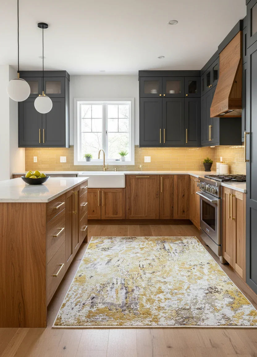 Sarı, Altın ve Gri Modern Lüks Soyut Sanat Halısı-Pera Halı