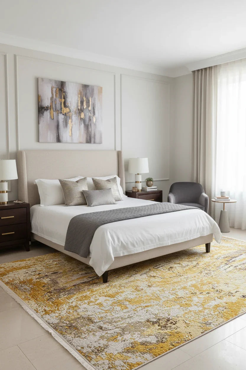 Sarı, Altın ve Gri Modern Lüks Soyut Sanat Halısı-Pera Halı