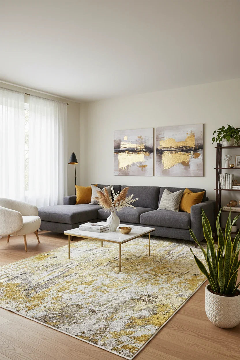 Sarı, Altın ve Gri Modern Lüks Soyut Sanat Halısı-Pera Halı