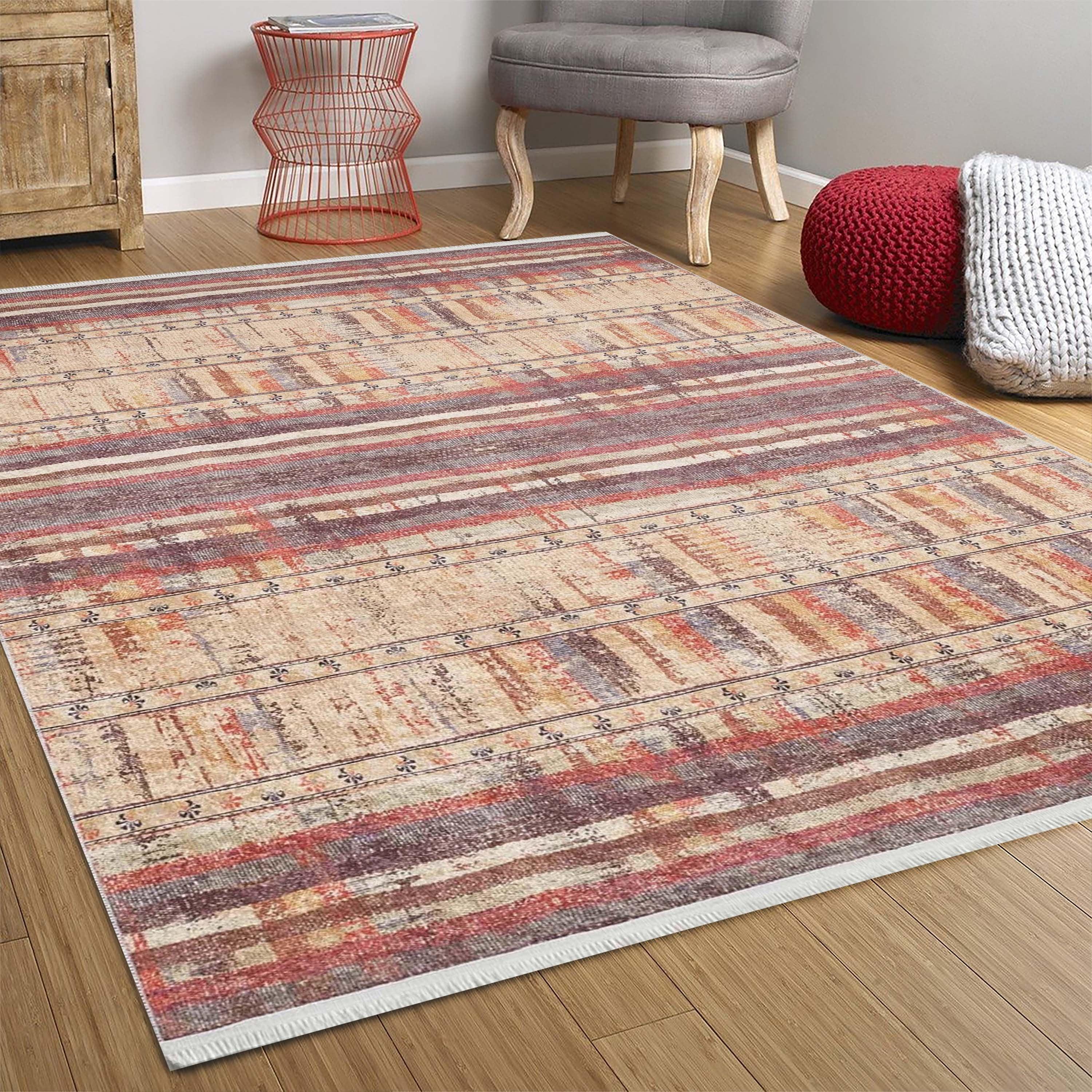 Sarı Bej Renkli Çizgili Anadolu Kilim Halı-Pera Halı