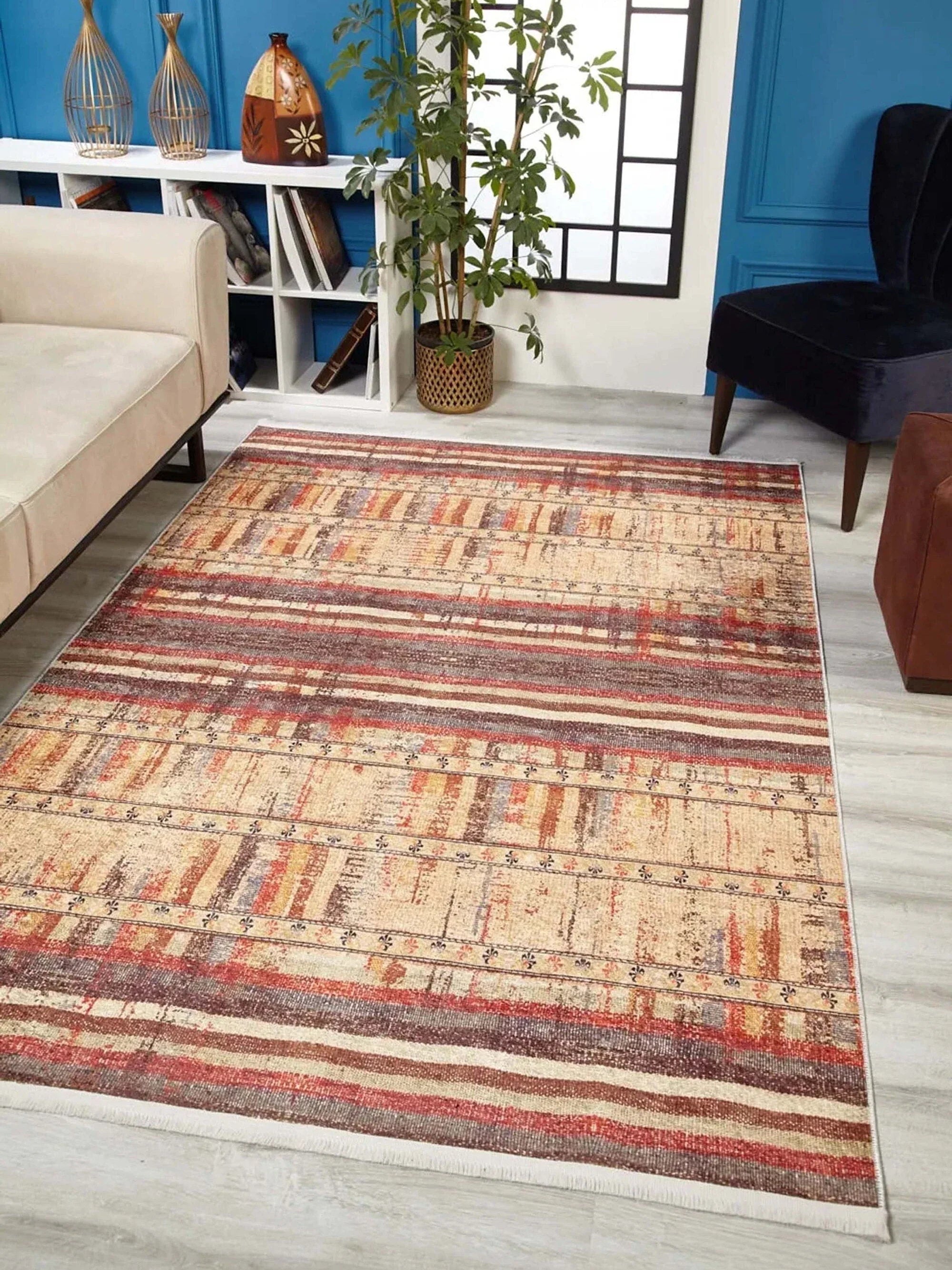 Sarı Bej Renkli Çizgili Anadolu Kilim Halı-Pera Halı