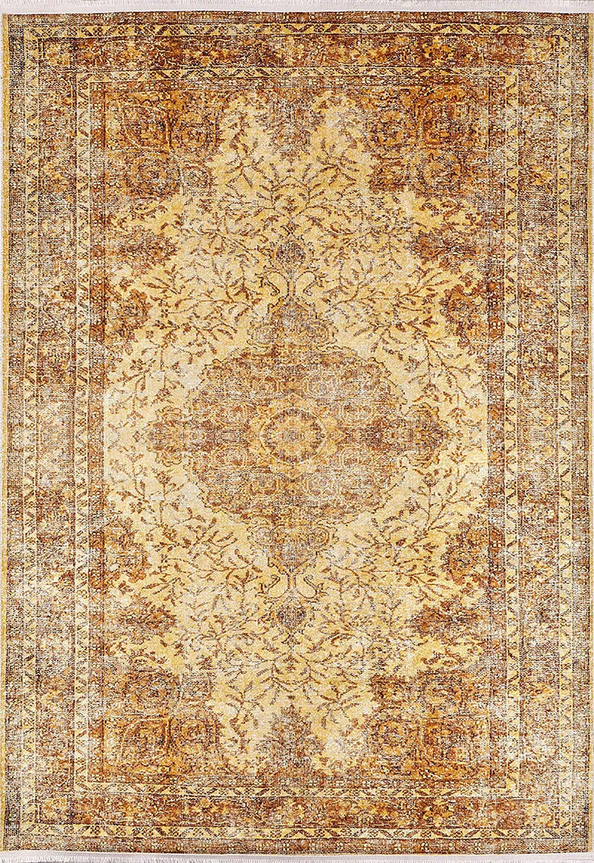 Sarı Kahve Eskitme Klasik Vintage Salon Halısı-Pera Halı