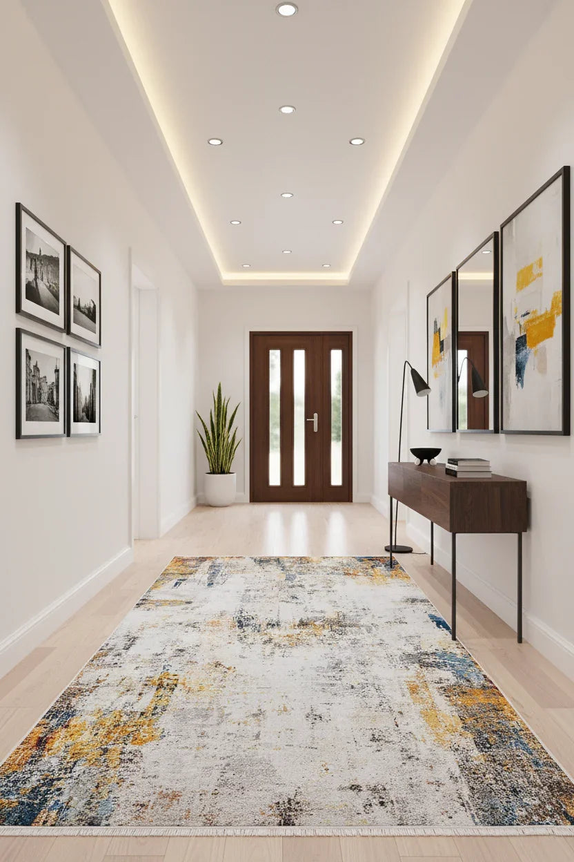 Sarı, Mavi ve Beyaz Modern Soyut Sanat Halısı-Pera Halı