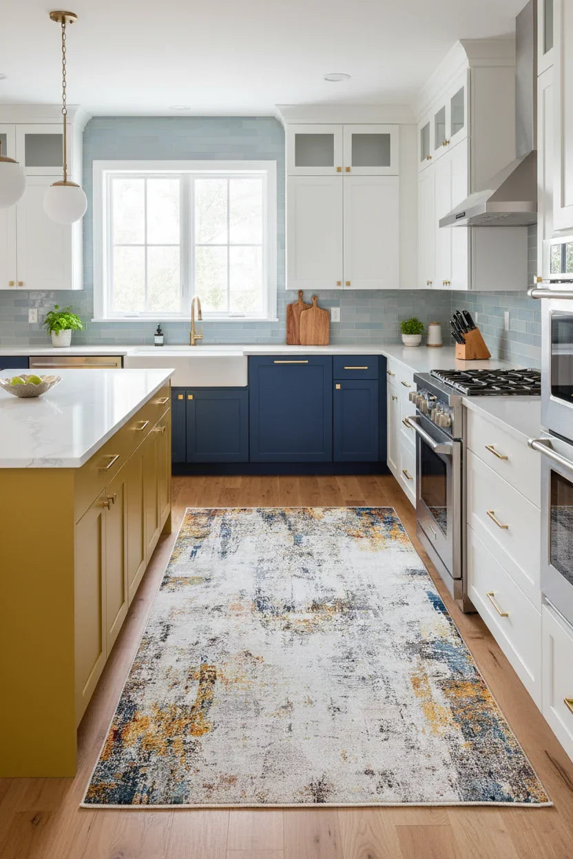 Sarı, Mavi ve Beyaz Modern Soyut Sanat Halısı-Pera Halı