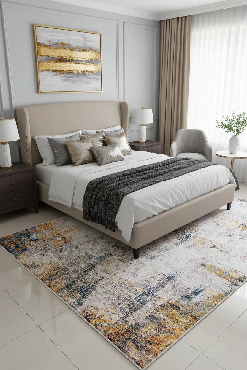 Sarı, Mavi ve Beyaz Modern Soyut Sanat Halısı-Pera Halı