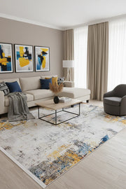 Sarı, Mavi ve Beyaz Modern Soyut Sanat Halısı-Pera Halı