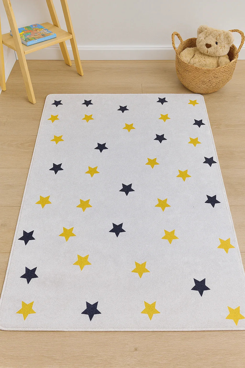 Sarı ve Siyah Yıldız Desenli Yıkanabilir Çocuk Halısı-Pera Halı