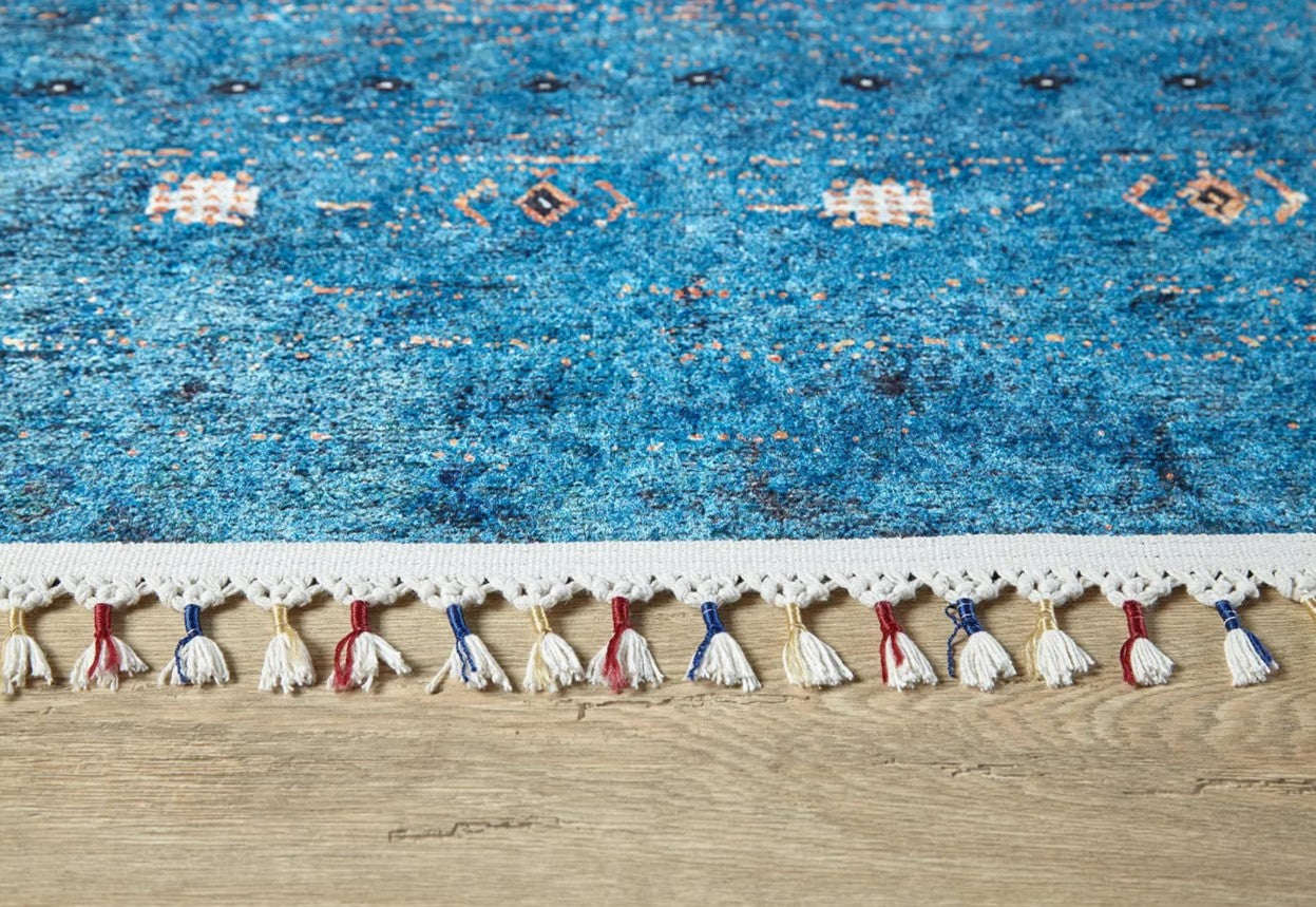 Mavi Beyaz Minimal Geometrik Desenli Kilim Halı