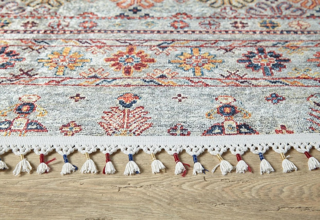 Krem Çok Renkli Etnik Desenli Vintage Kilim Halı
