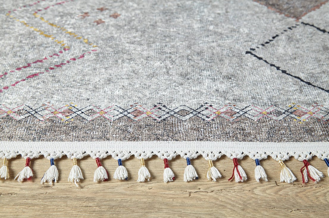 Krem Renkli Geometrik Desenli Modern Saçaklı Kaymaz Kilim Halı