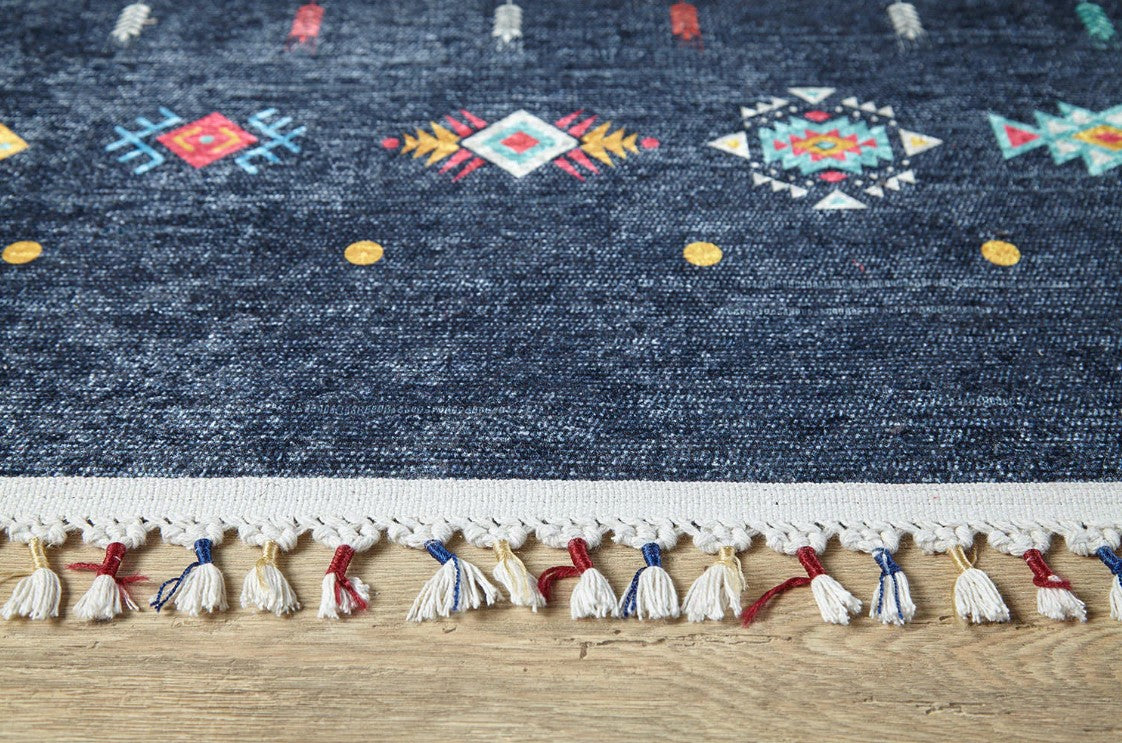 Mavi Çok Renkli Etnik Desenli Modern Kilim Halı