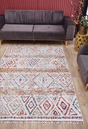 Krem Turuncu Çok Renkli Geometrik Desenli Modern Kilim Halı