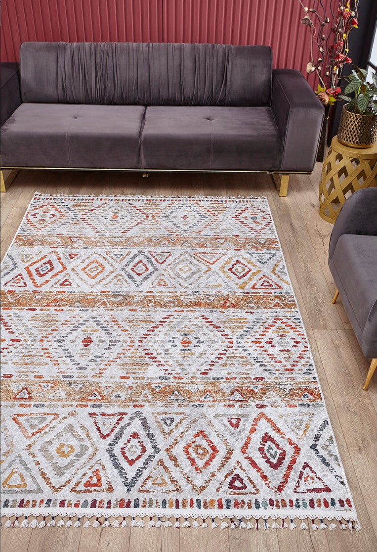 Krem Turuncu Çok Renkli Geometrik Desenli Modern Kilim Halı