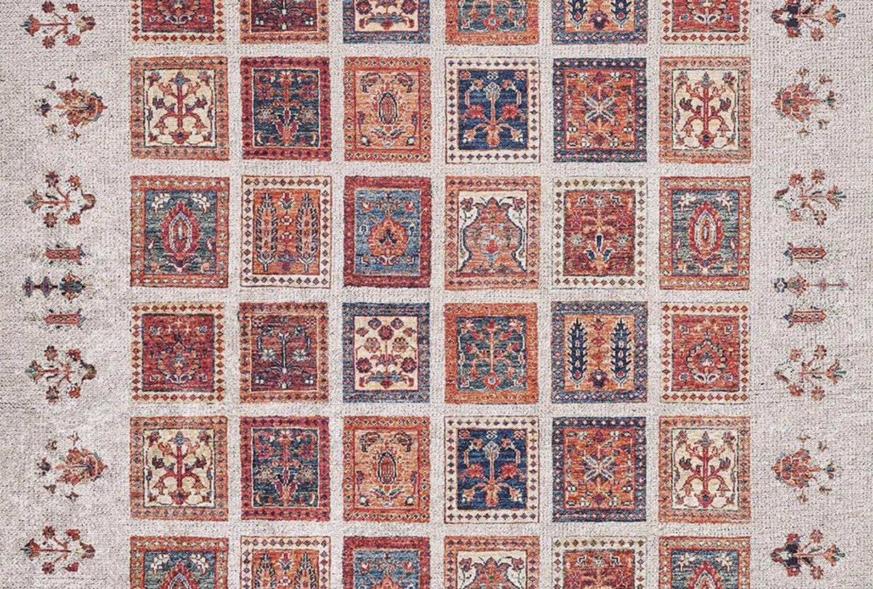 Krem Renkli Patchwork Desenli Vintage Kilim Halı