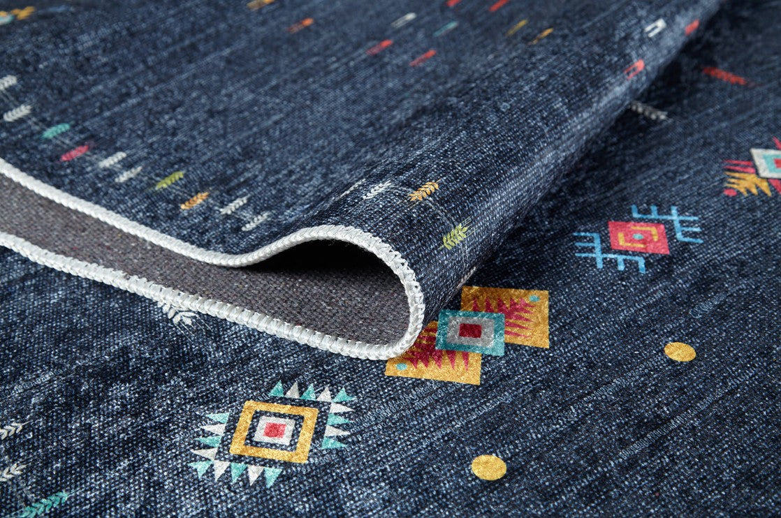 Mavi Çok Renkli Etnik Desenli Modern Kilim Halı