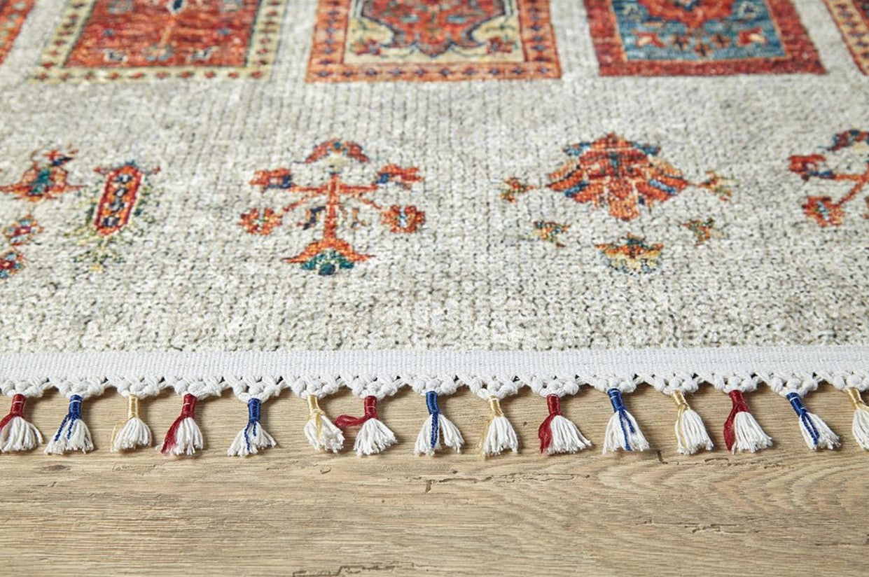 Krem Renkli Patchwork Desenli Vintage Kilim Halı