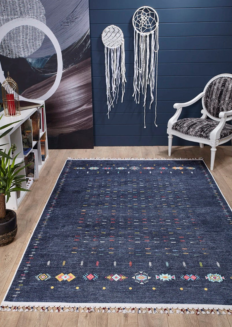 Mavi Çok Renkli Etnik Desenli Modern Kilim Halı