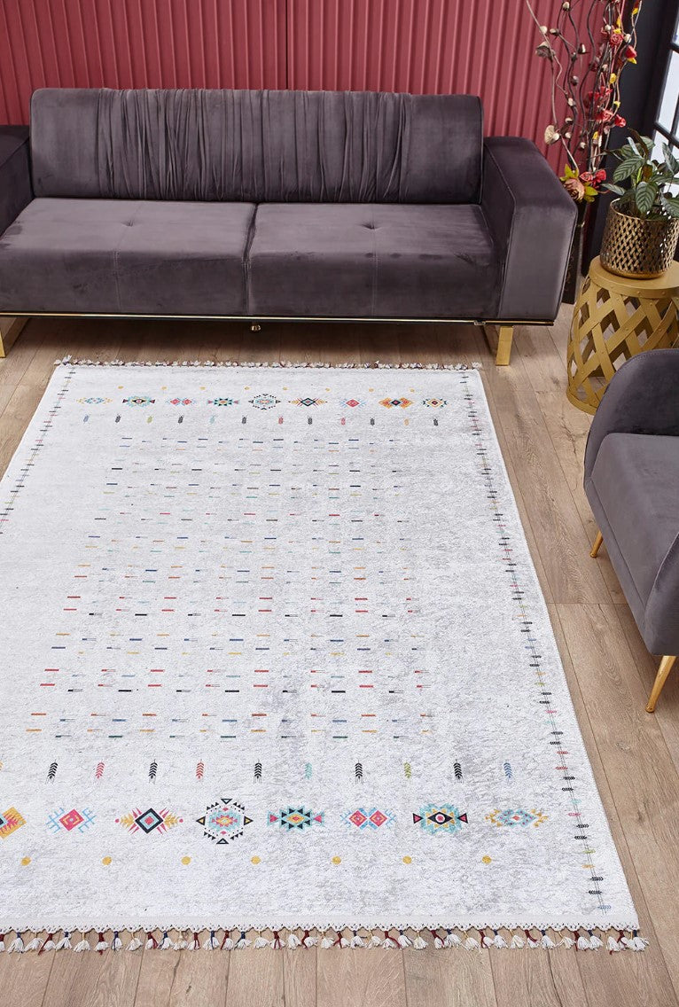 Krem Çok Renkli Etnik Desenli Modern Saçaklı Kilim Halı