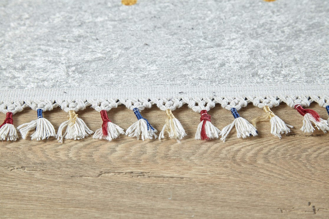 Krem Çok Renkli Etnik Desenli Modern Saçaklı Kilim Halı