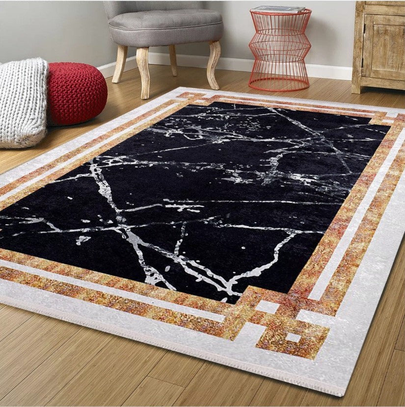 Siyah Beyaz Mermer Tarzı Kenarlı Geometrik Halı - Pera Halı
