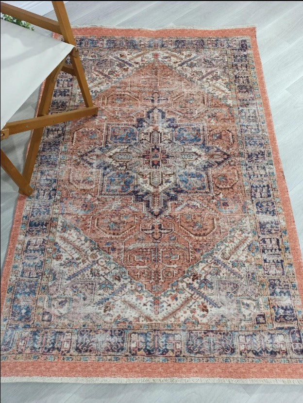 Kiremit ve Mavi Geleneksel Madalyon Eskitme Tasarım Halı