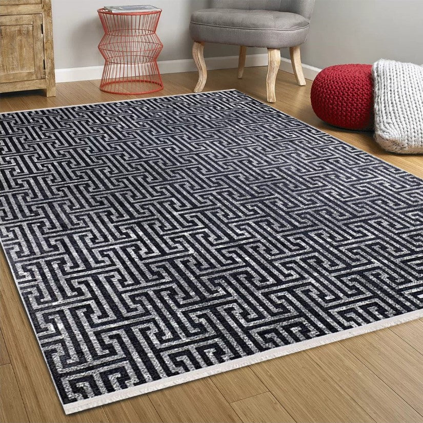 Siyah Gri Geometrik Modern Halı - Pera Halı