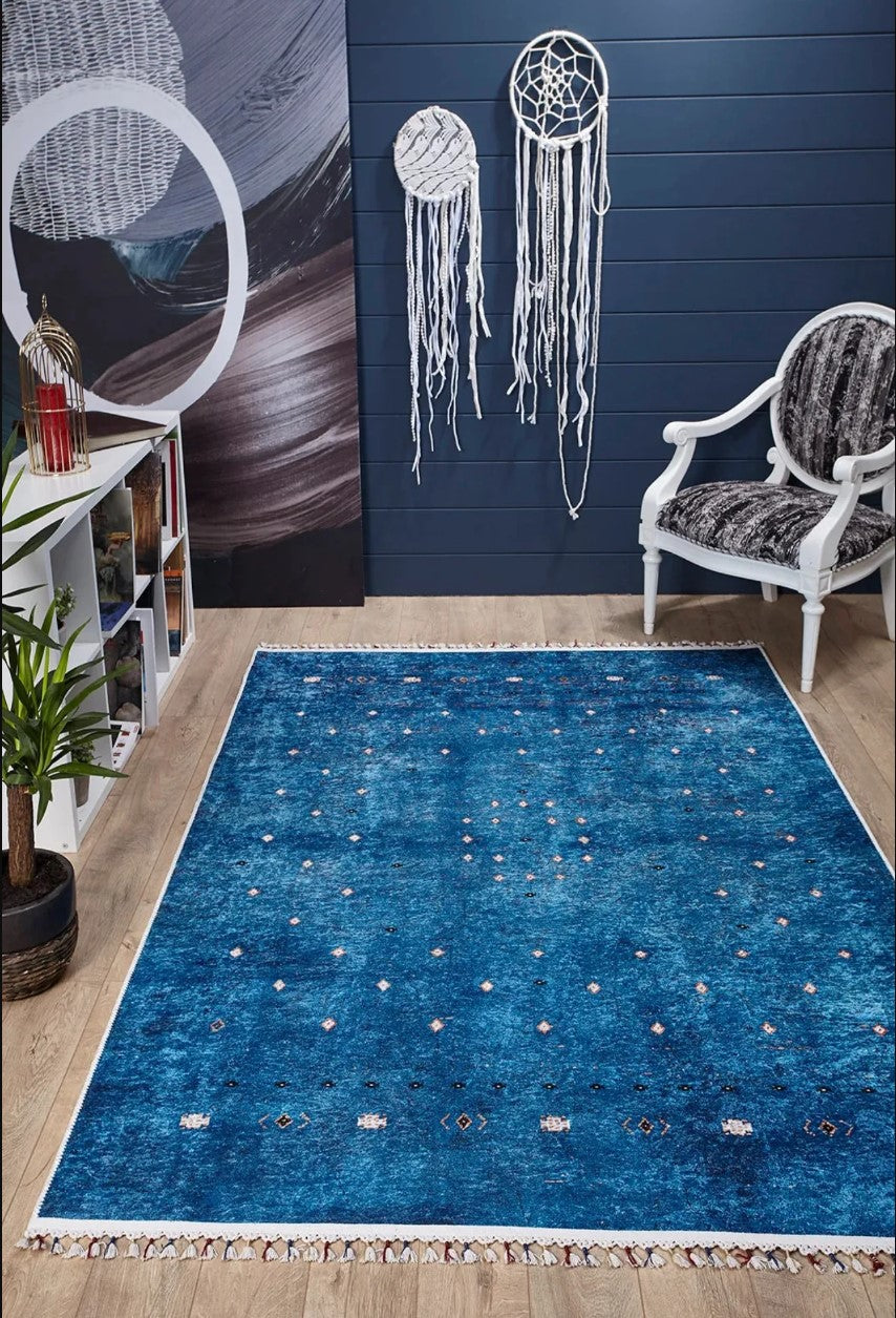 Mavi Beyaz Minimal Geometrik Desenli Kilim Halı