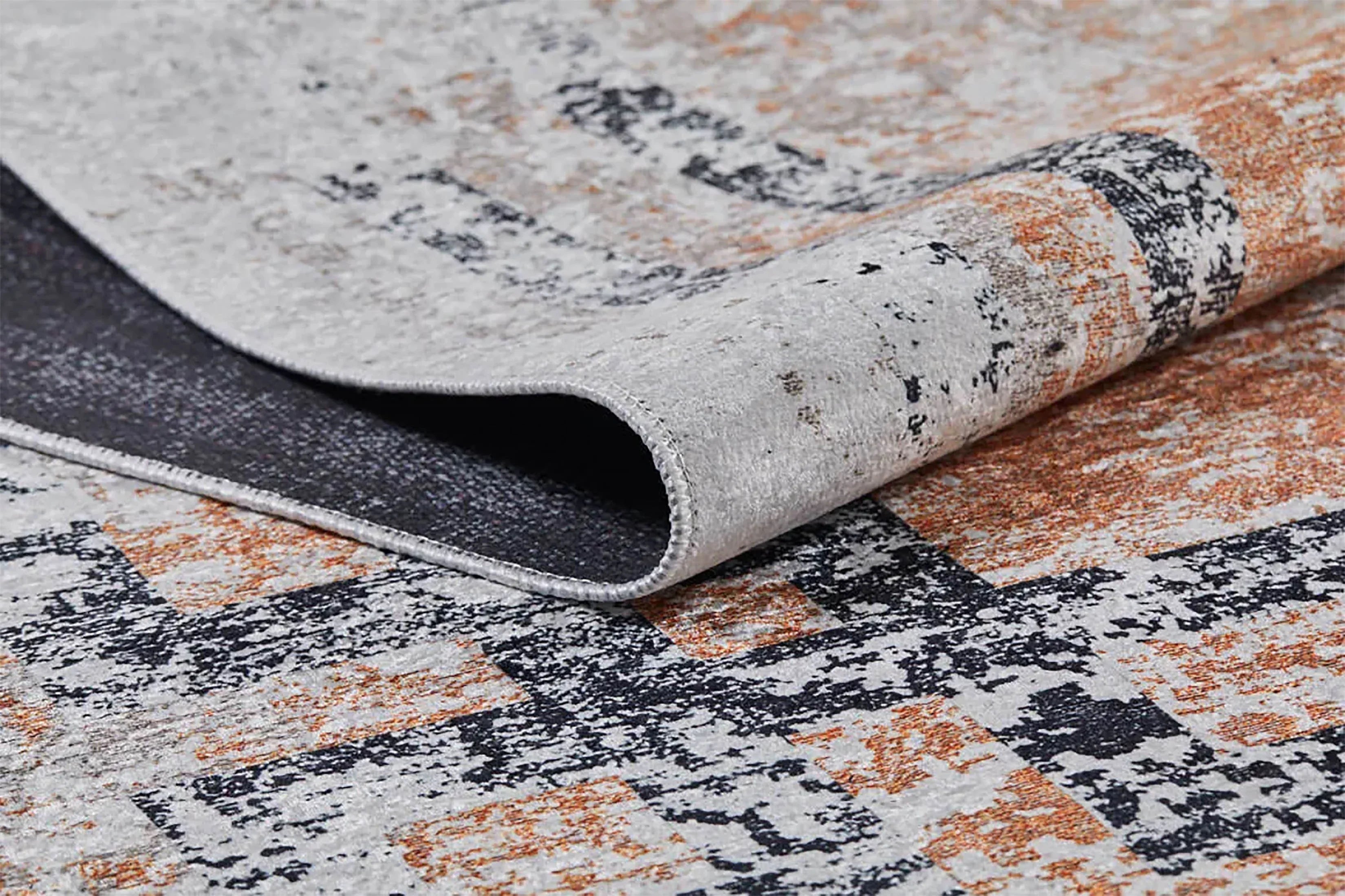 Şeftali Tonlarında Çerçeveli Modern Çizgiler Eskitme Desenli Halı-Pera Halı