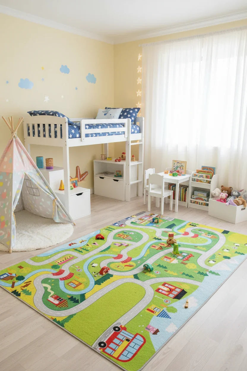 Şehir Haritası Desenli Yeşil Çocuk Halısı-Pera Halı