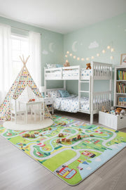 Şehir Haritası Desenli Yeşil Çocuk Halısı-Pera Halı