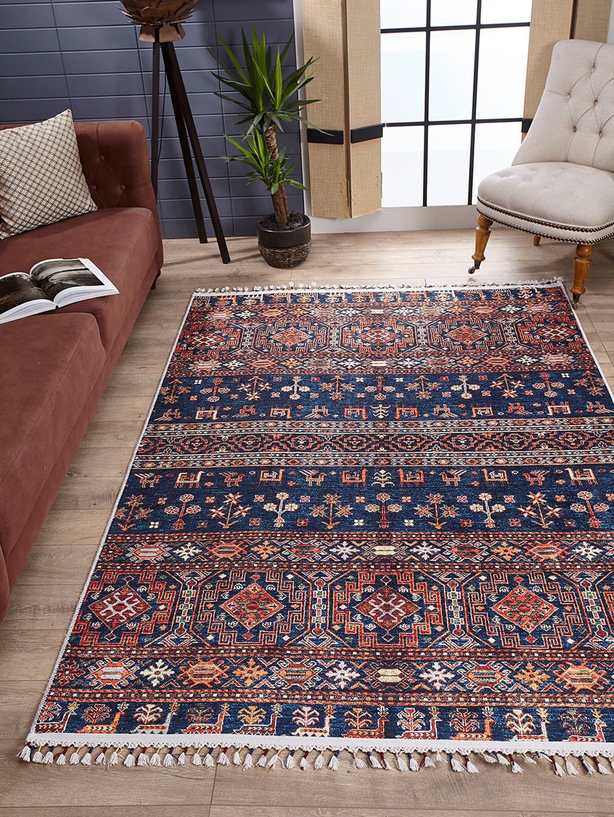 Etnik Lacivert Kırmızı Kilim Halı - Pera Halı
