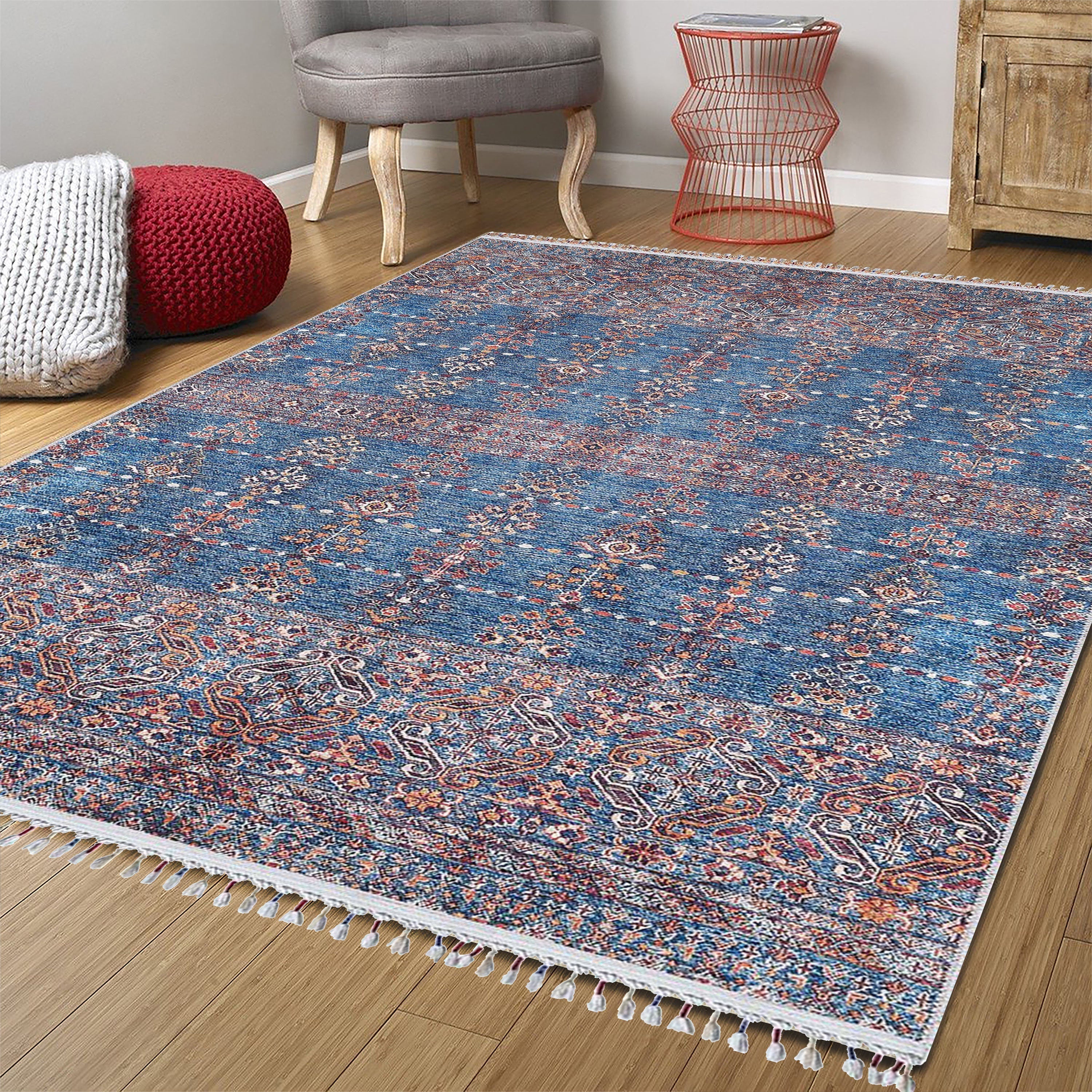 Eşsiz Antik Desenli Kırmızı Mavi Kilim Halı - Pera Halı