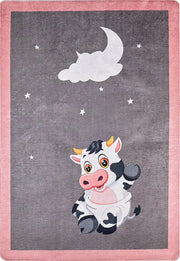 Sevimli İnek Desenli Pembe Bordürlü Çocuk Odası Halısı-Pera Halı