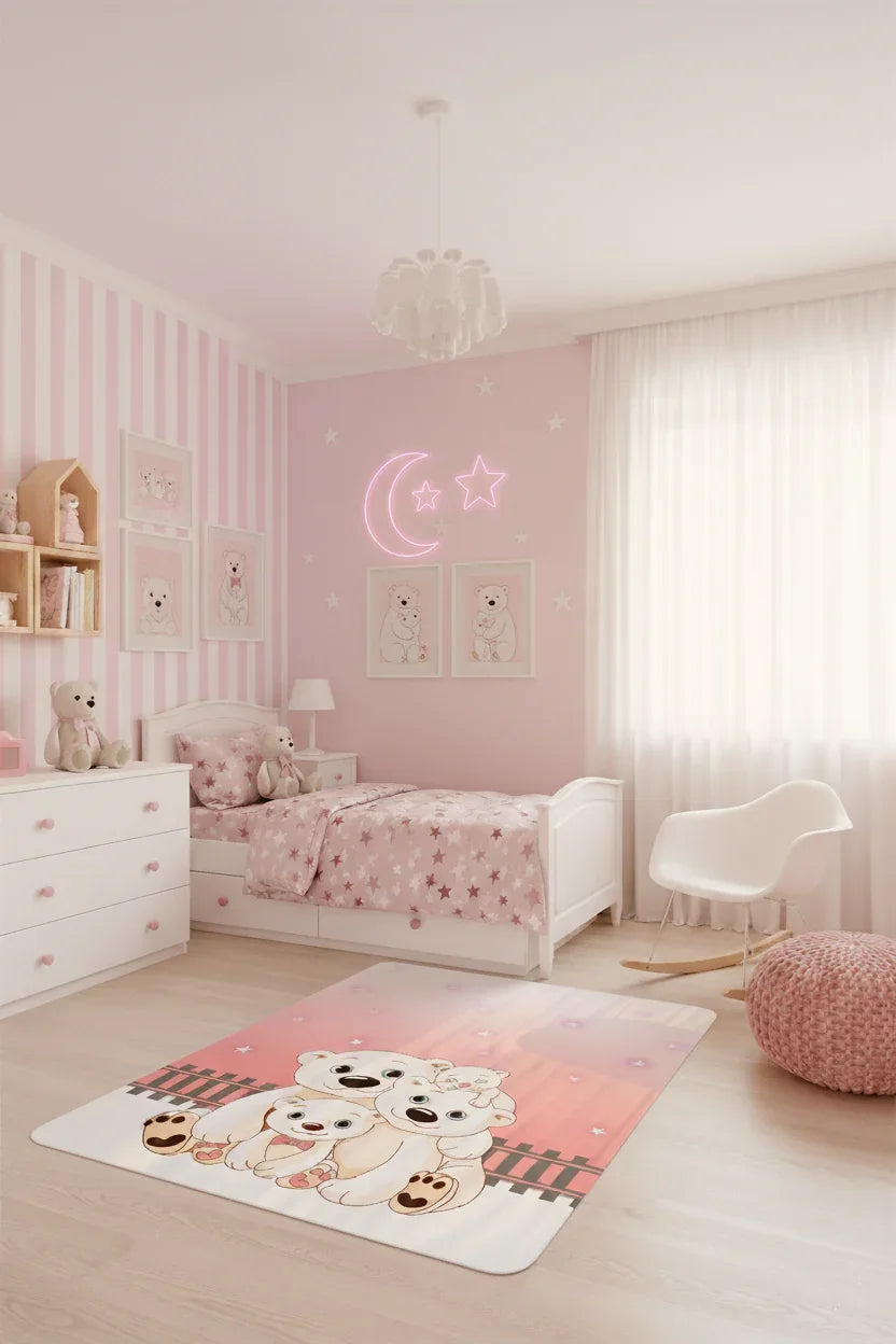 Sevimli Kutup Ayıları Ailesi Pembe Yıldızlı Çocuk Halısı-Pera Halı